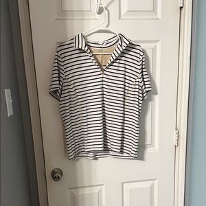 Striped Polo Zip-Up Top - White & Black